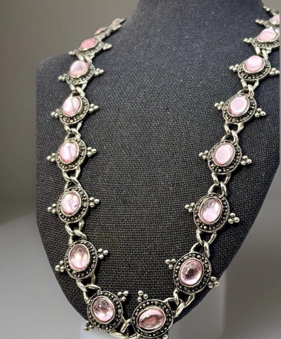 Vintage Silver Beaded & Marcasite Collar Necklace, Bezel Set With Pink Cabochons
