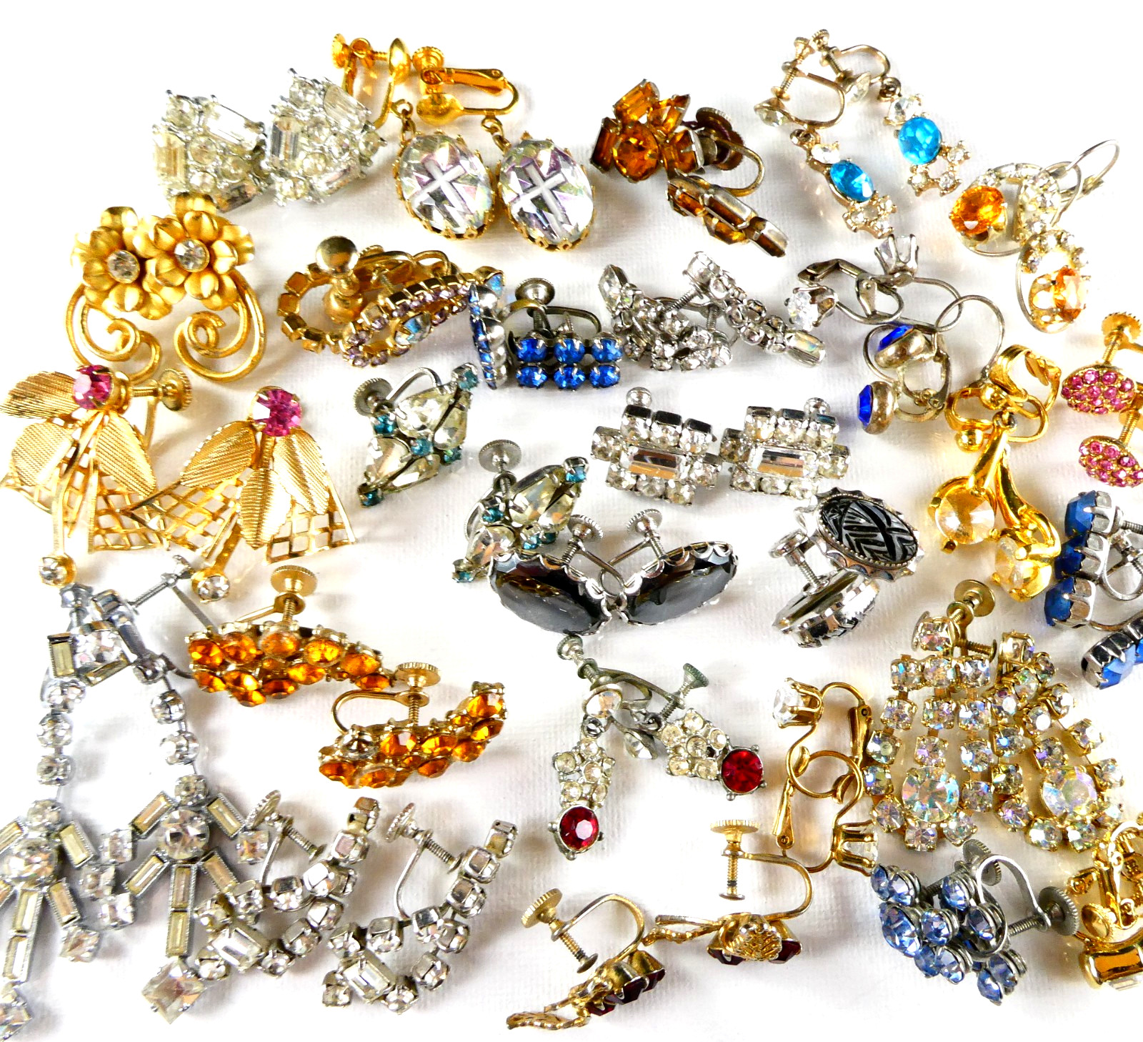 Vintage Rhinestone Screw Back Earrings Lot 25 Pairs ALL SPARKLE Multi Color Stns