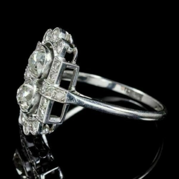 2CT Round Cut Real Moissanite Vintage Art Deco 2-Stone Ring 14K White Gold Over