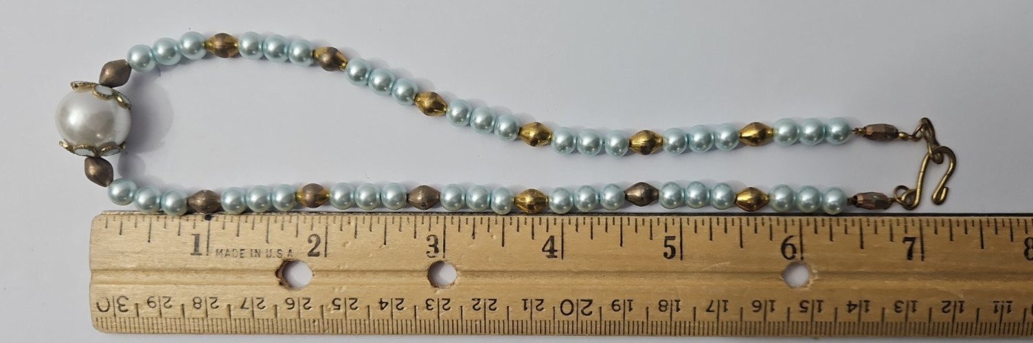 Vintage Necklace Light Blue Faux Pearl Beads Gold Tone Metal Beads Large Pearl