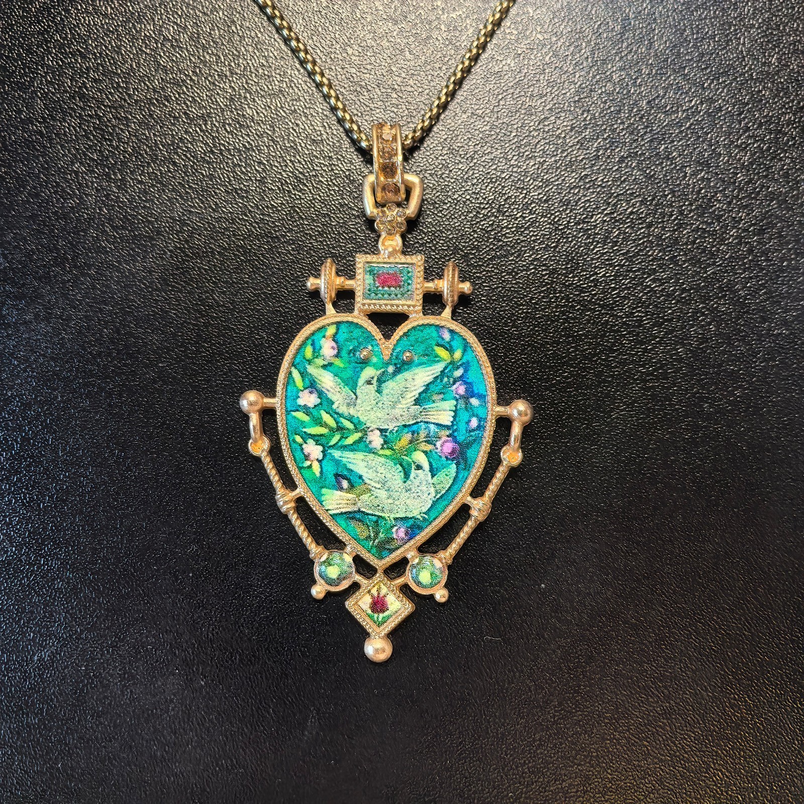 Vintage European Heart Enamel Necklace Unique Dove Inlay Retro Pendant Jewelry