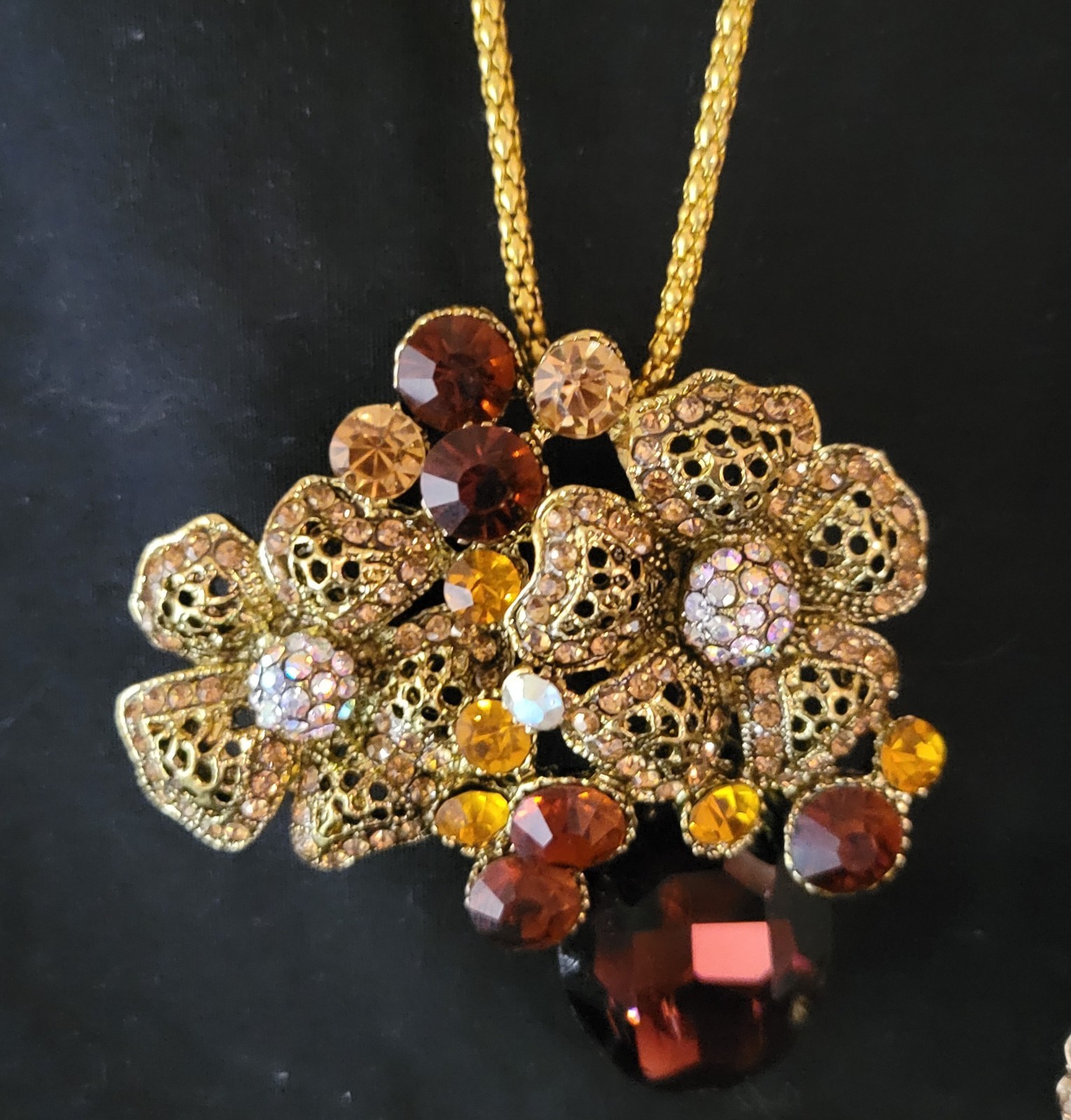 Lot of 3 Vintage Style Statement Necklaces 28″ Gold Tone Floral Rhinestone Pearl