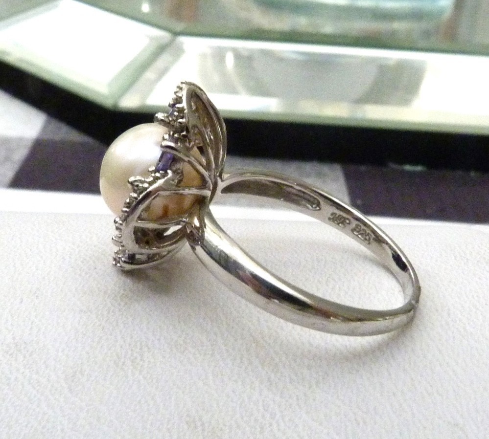 DESIGNER HT 9.5MM LARGE CULTURED PEARL AMETHYST GEMS STERLING SILVER RING SZ 10