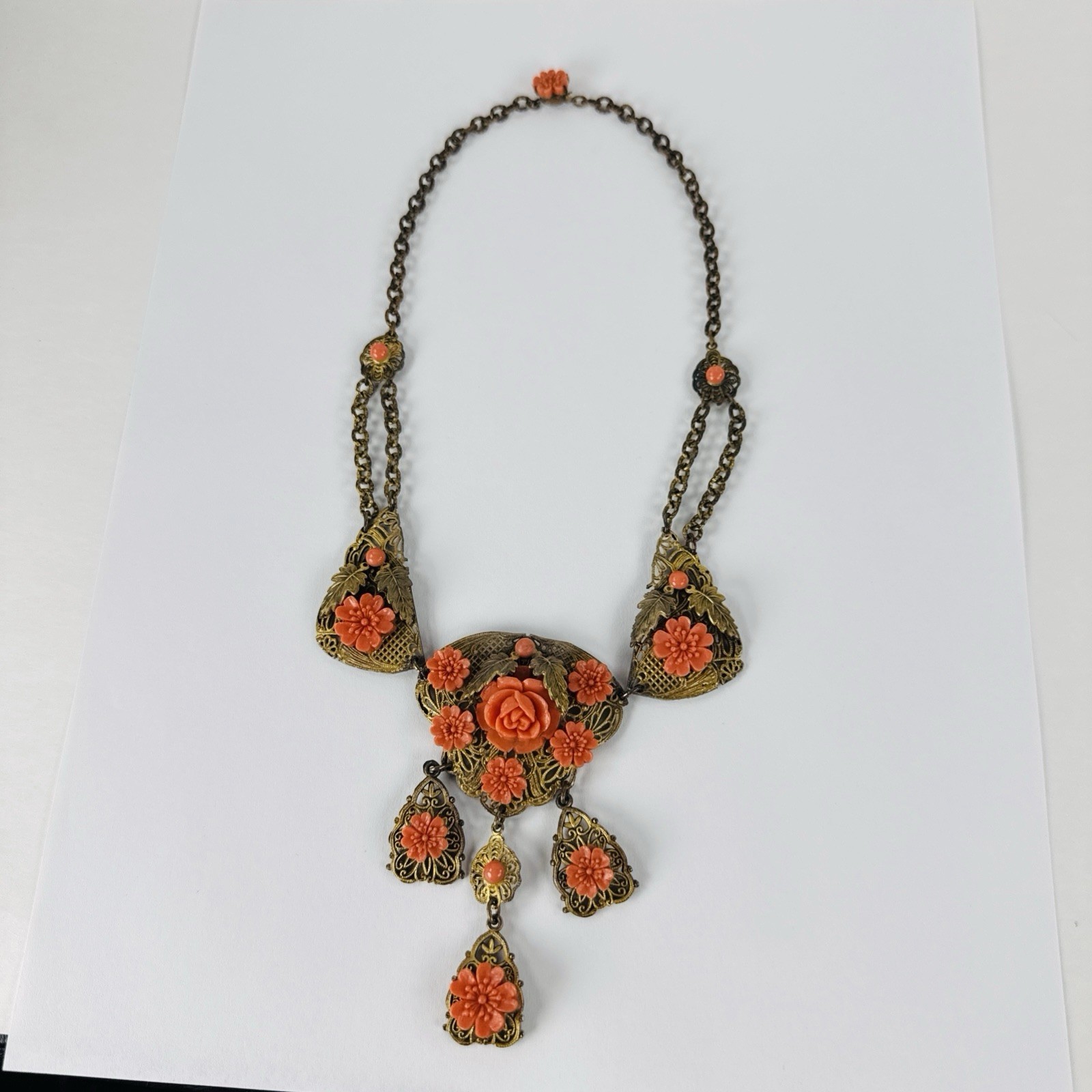 Coral Color Celluloid Flower Filigree Necklace Brooch Earring Set Art Deco Czech