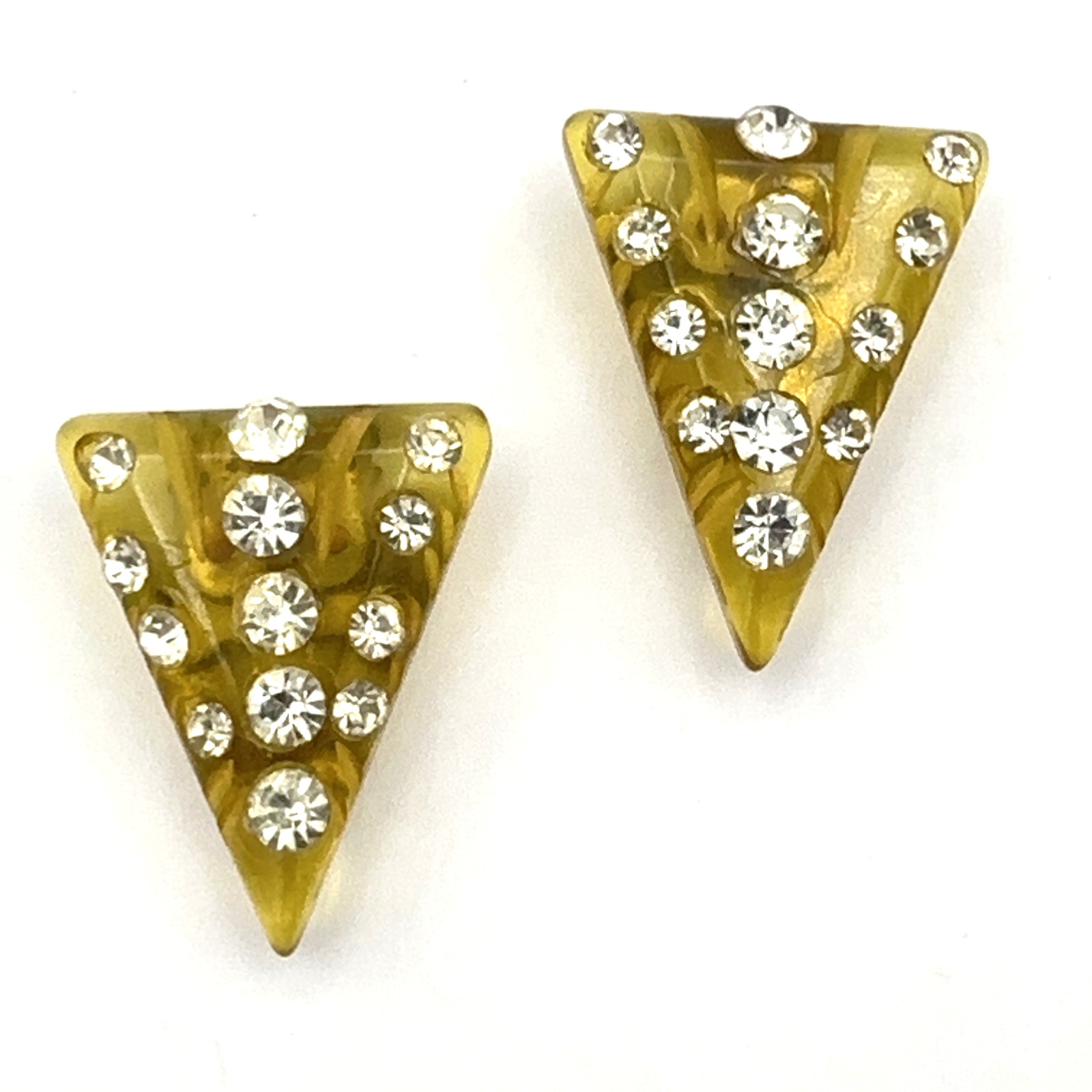 BAKELITE dress clip set – vintage apple juice carved w/ rhinestones triangle pin