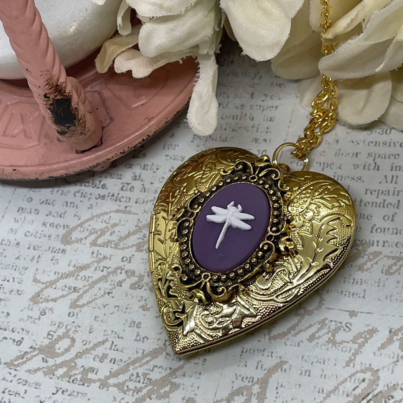 Gold Heart Locket Purple Birthday Anniversary Wedding Dragonfly Cameo Necklace