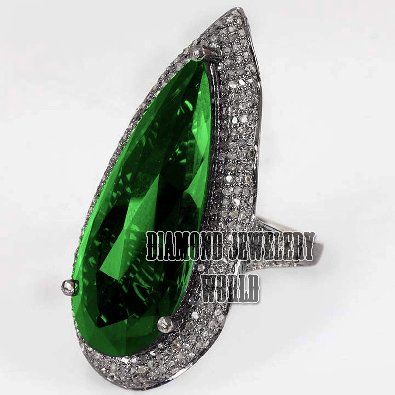 Gorgeous 1.93ctw Rose Cut Diamond Emerald Silver Victorian Ring Jewelry