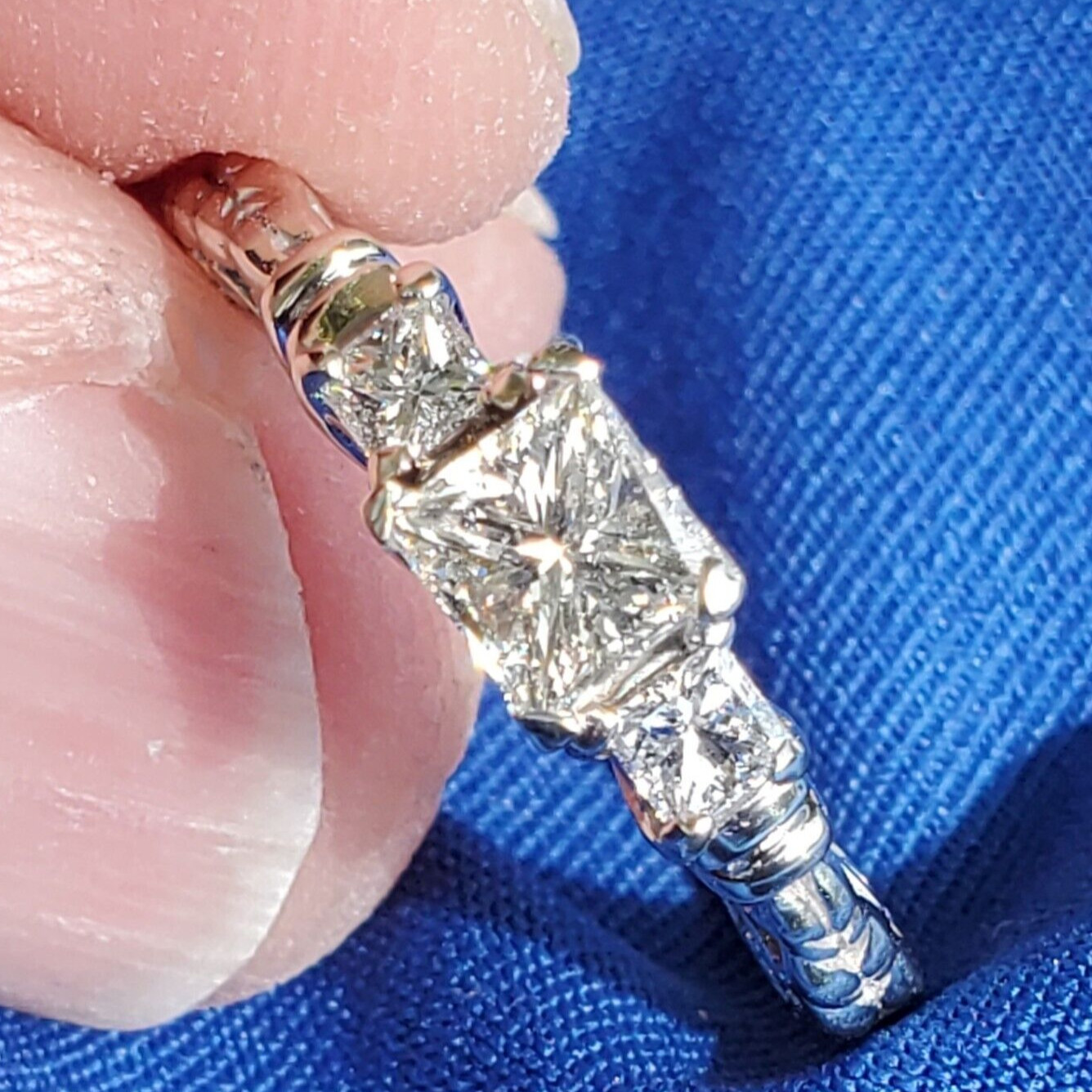 Original EARTH MINED DIAMOND Princess Engagement Ring 3 Stone Solitaire 14K GOLD