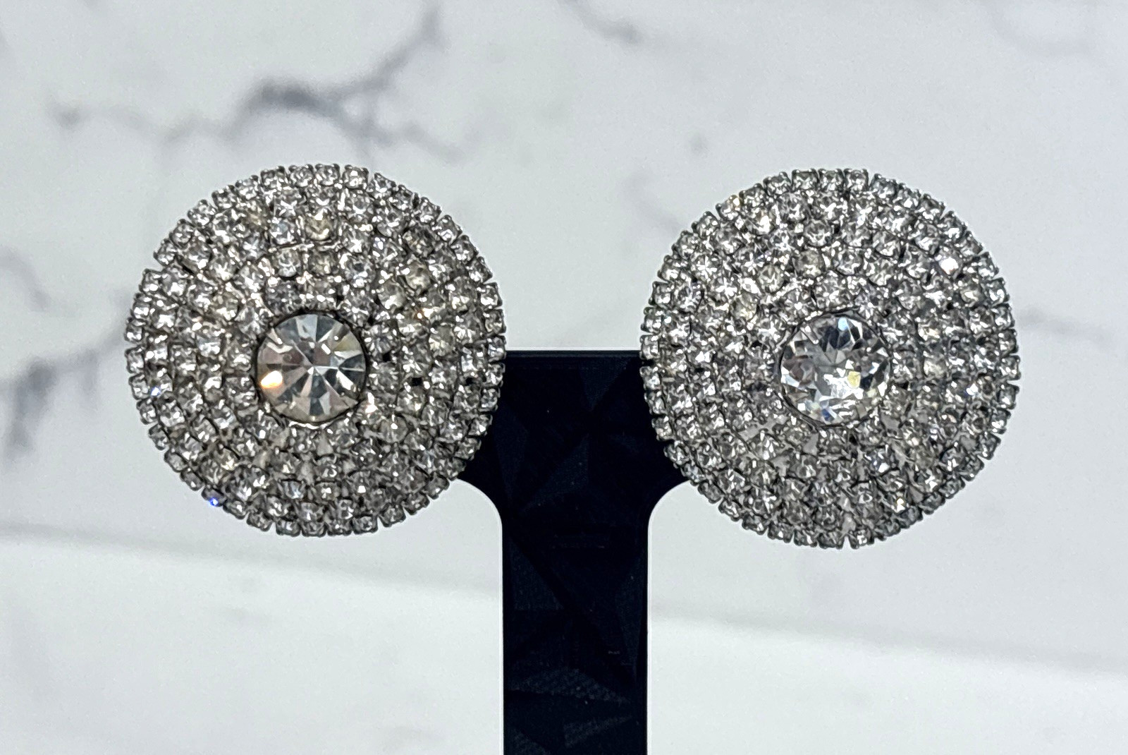 Vintage Rhinestone Dome Clip On Earrings Statement Huge Bold Glam Sparkle