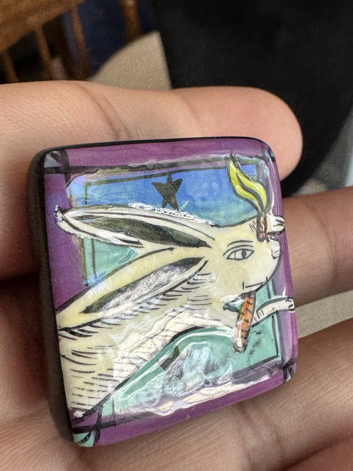 Vintage Whimsical Hand Painted Glazed Square Rabbit Pendant Brooch