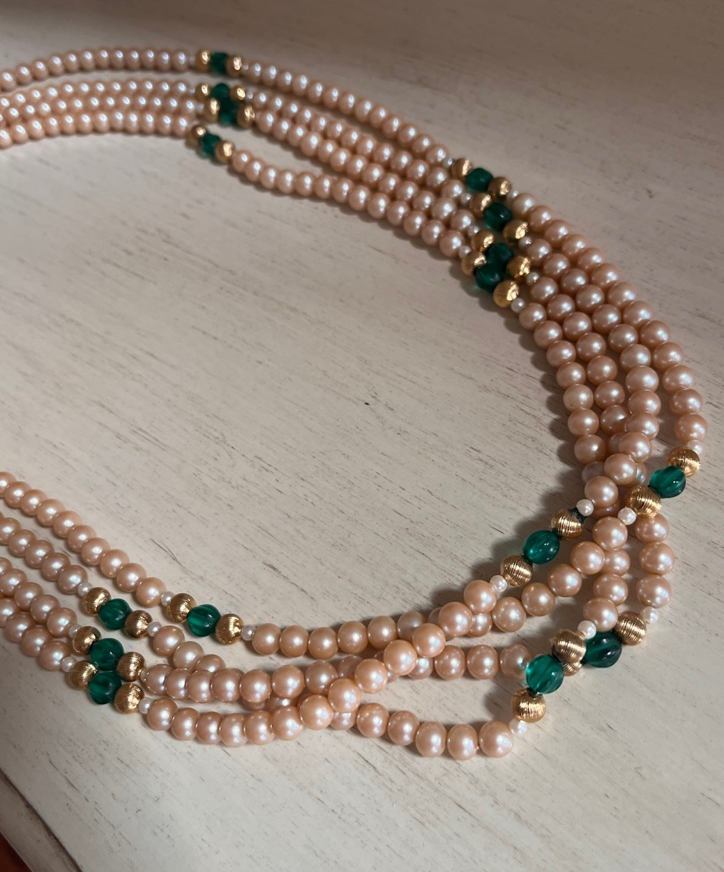 Vintage 4 Layered Ivory Pearl Green Glass Crystal Pave Clasp Beaded 24” Necklace