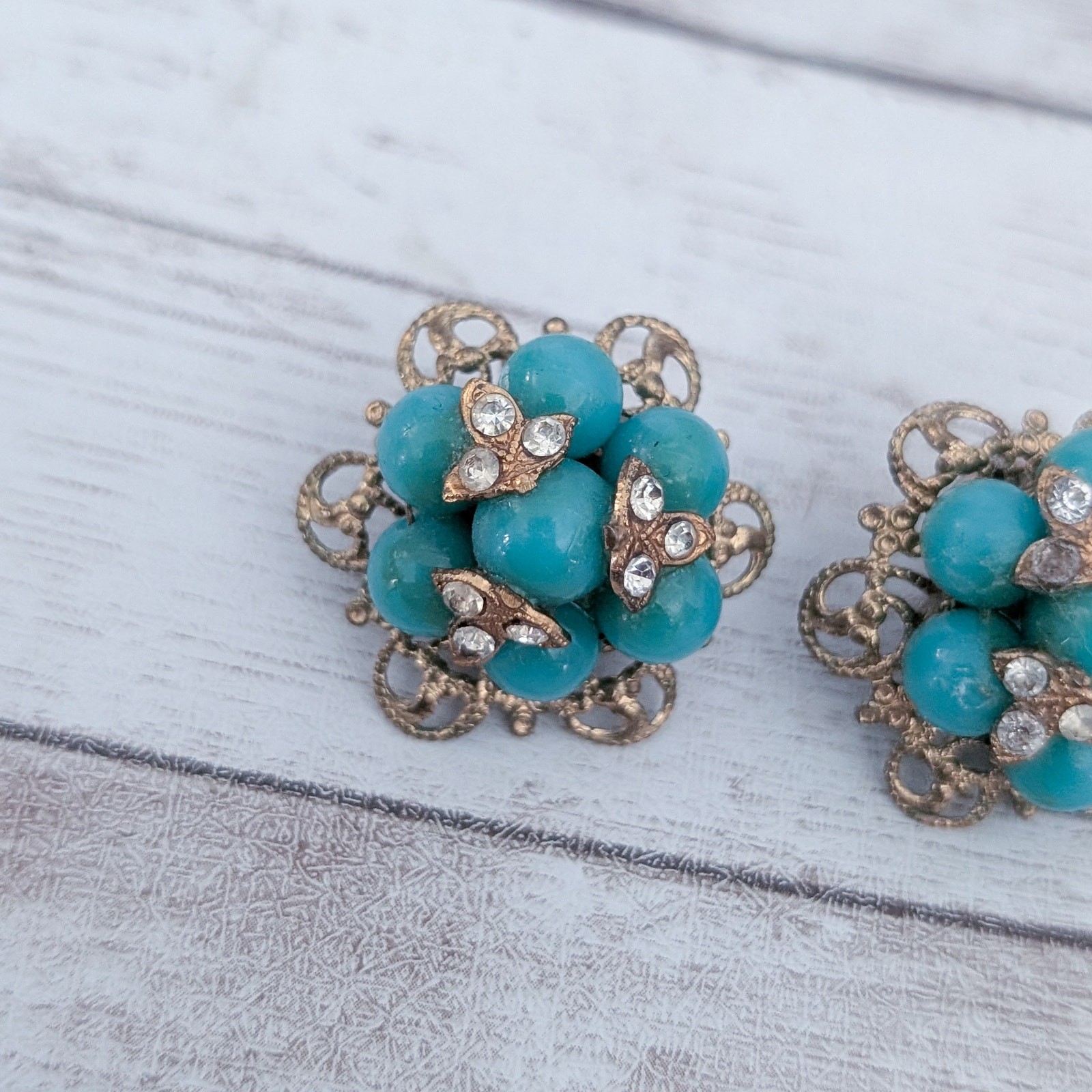Vintage Clip On Earrings Turquoise Tone, Clear Gem – Clip Repair Needed