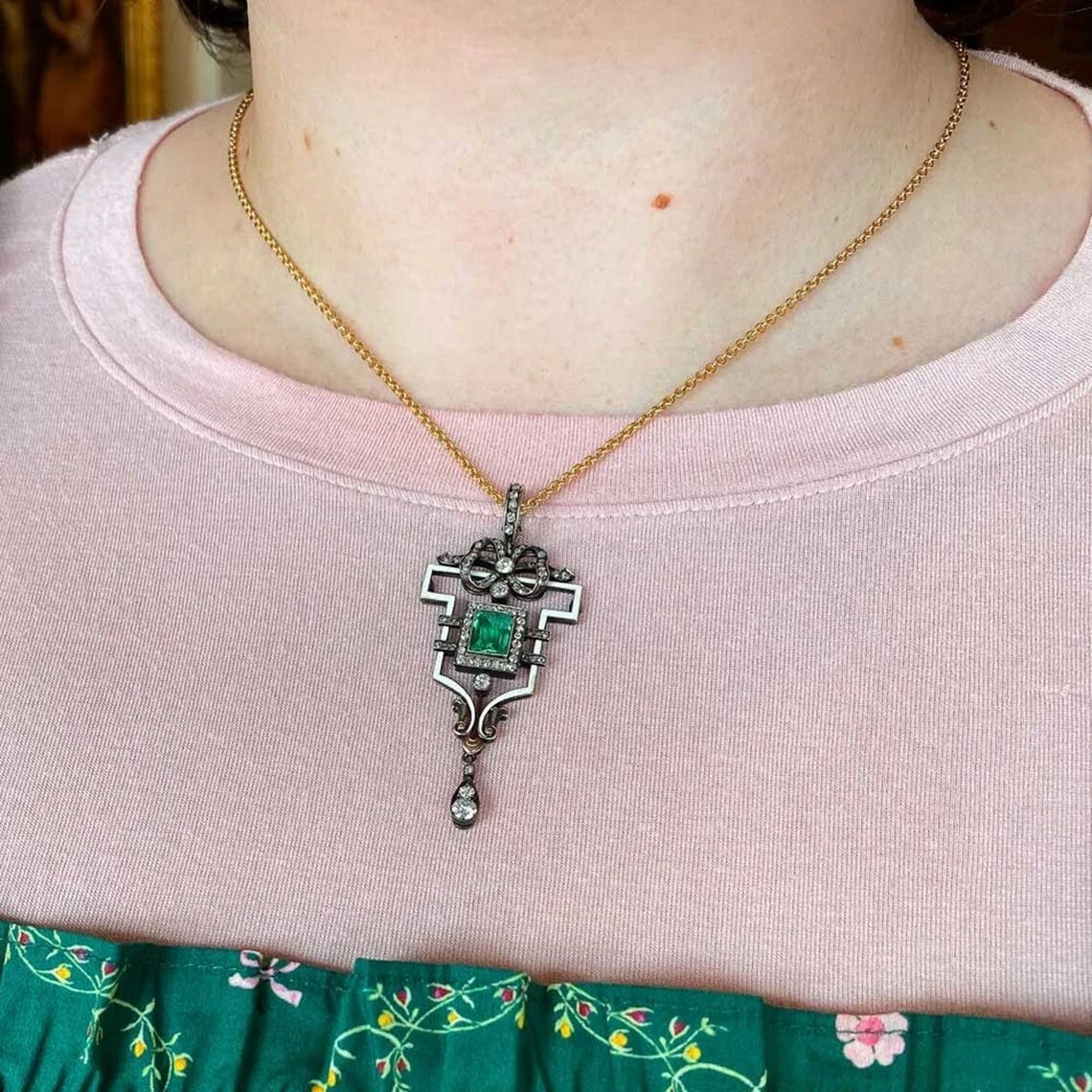 Green Emerald & White Lab Created Diamond Wedding 14K White Gold Finish Pendant