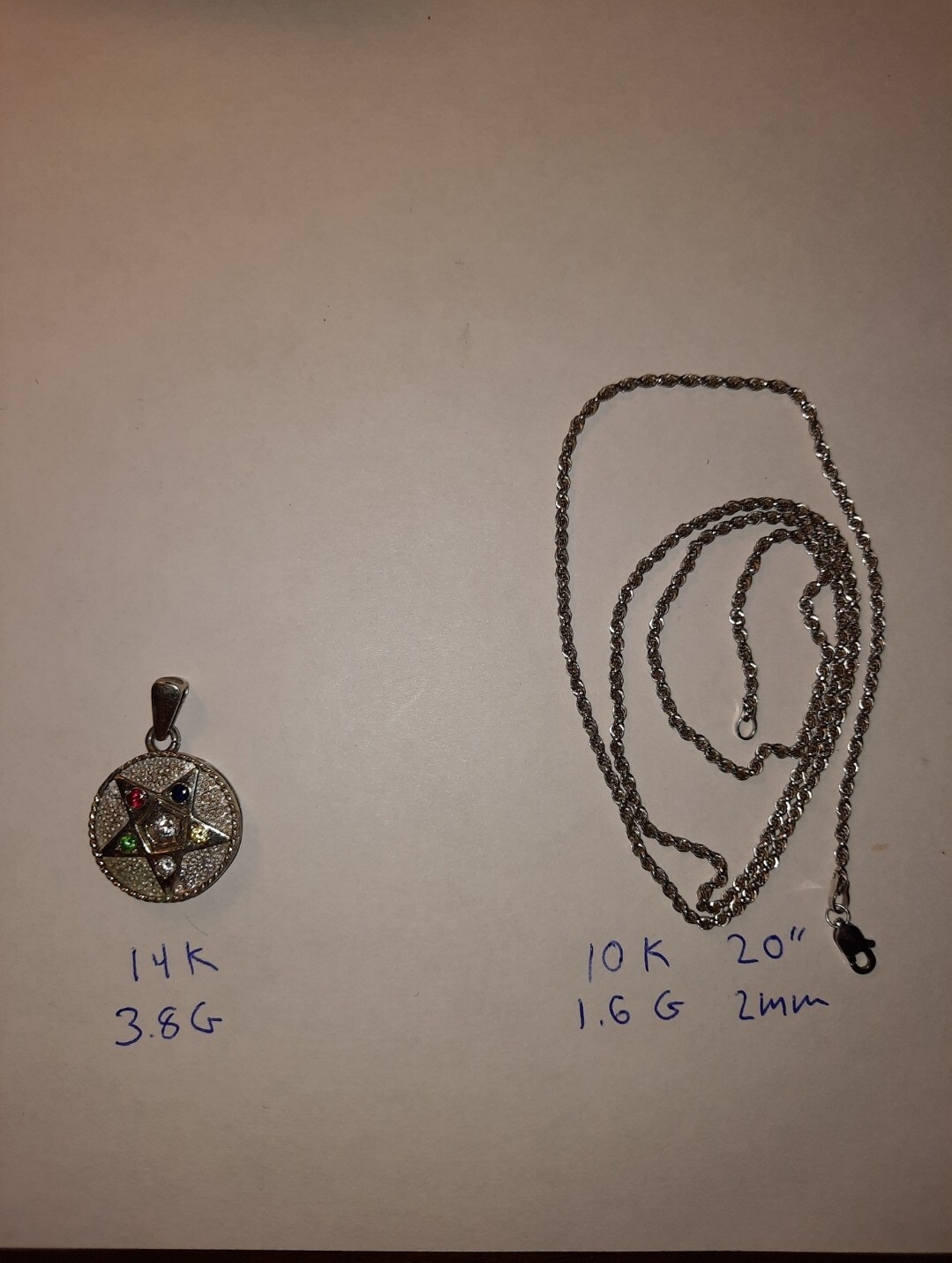 Vintage 14K white gold Masonic Eastern Star Pendant Charm & 20″ 10k rope chain