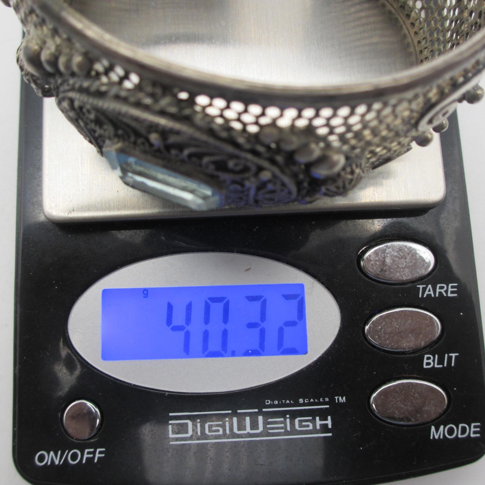 Vtg Silver Mesh Cuff Bracelet Renaissance Revival Artisan Filigree Blue Glass