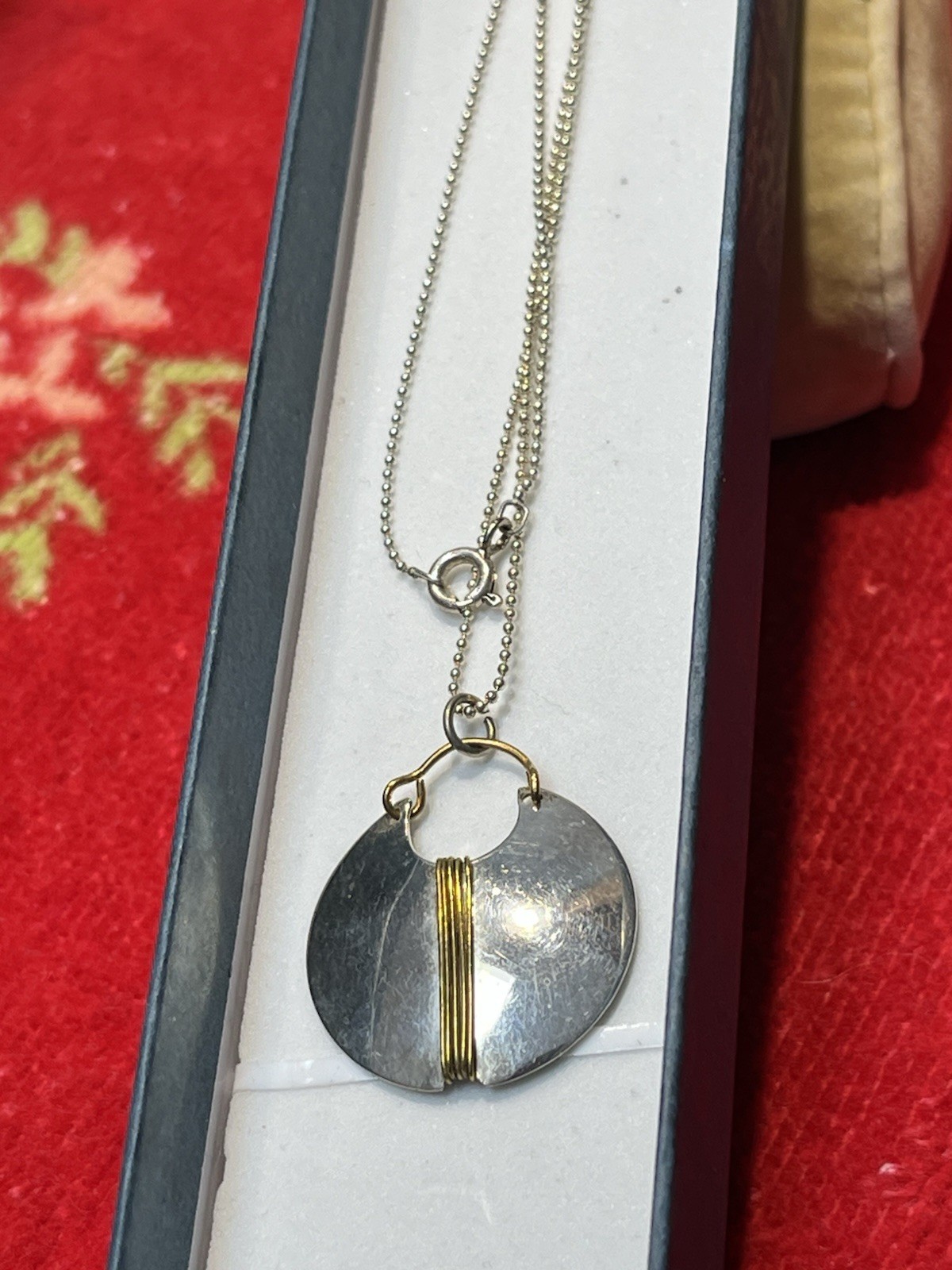 Vintage Modern Handmade by Banner 2-Tone Sterling Silver Disk Pendant Necklace
