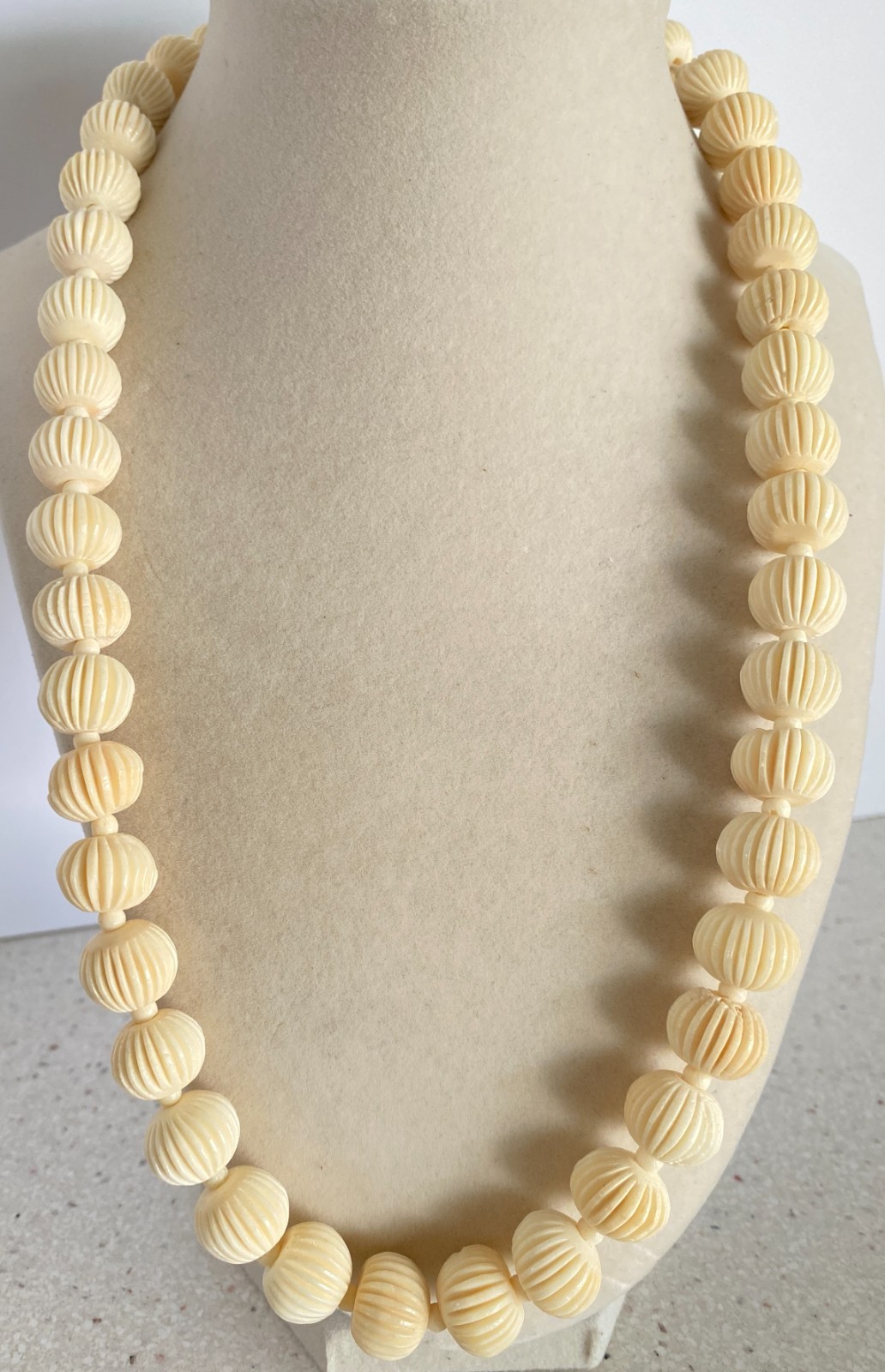 Vintage Carved Beaded Necklace Faux Ivory Celluloid Ribbed Beads Barrel Closure