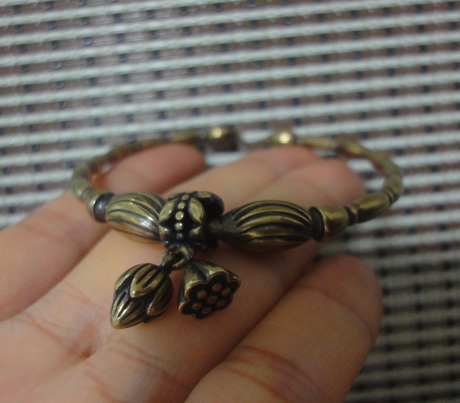 Vintage Knick Knacks Solid Brass Lotus Flower and Seed Dangle Bracelet Bangle