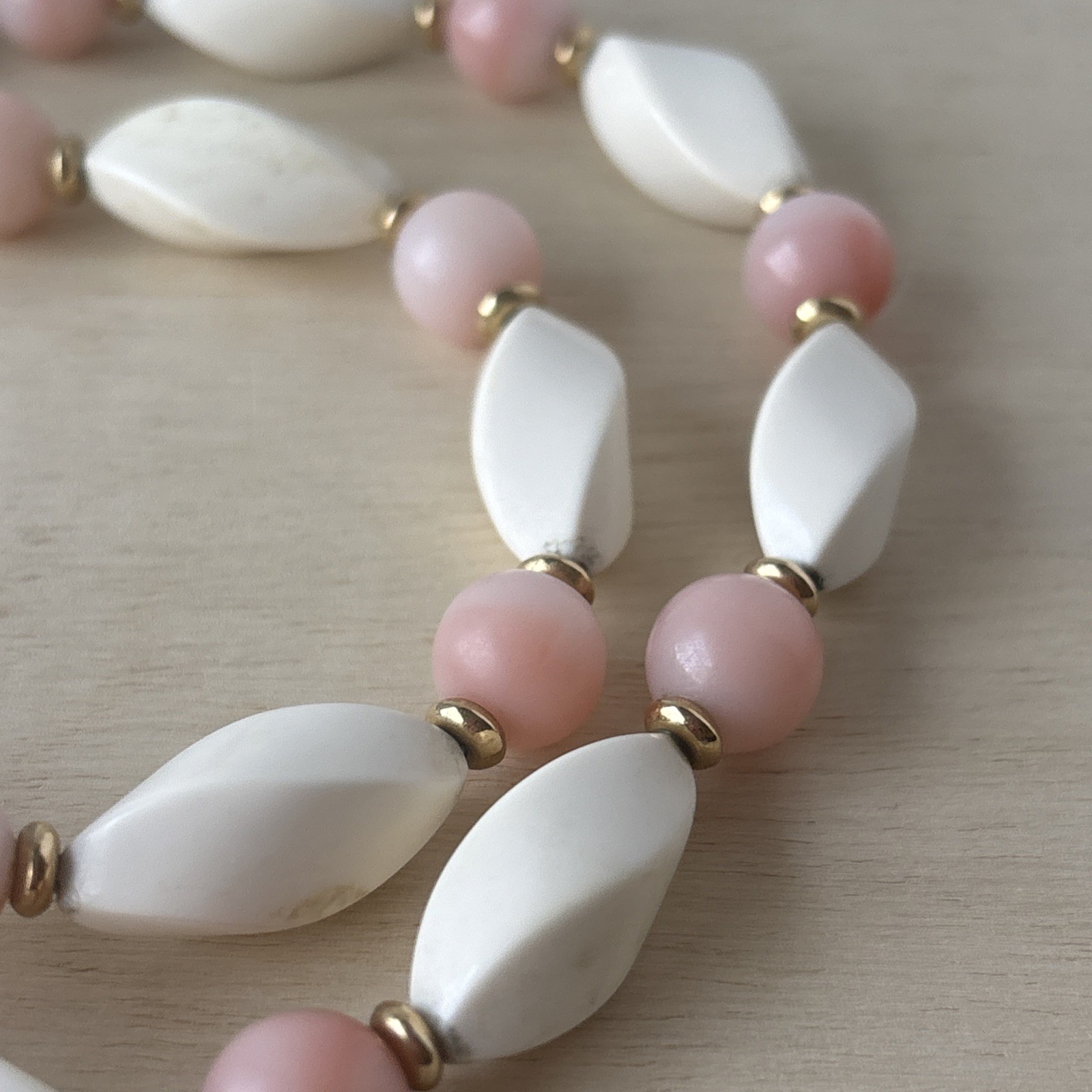 Vintage Angel Skin Coral Carved Bead Necklace 30g Mid-Century PAT 53/935 Clasp