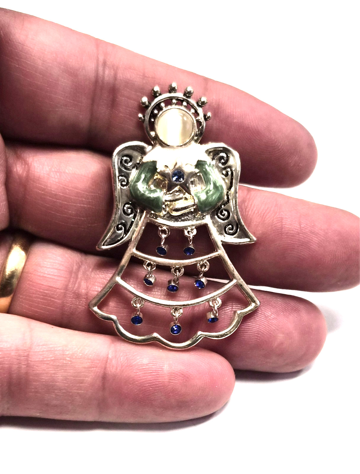Estate Christmas Holiday Angel With Wings Blue Rhinestone Dangles Pin / Brooch