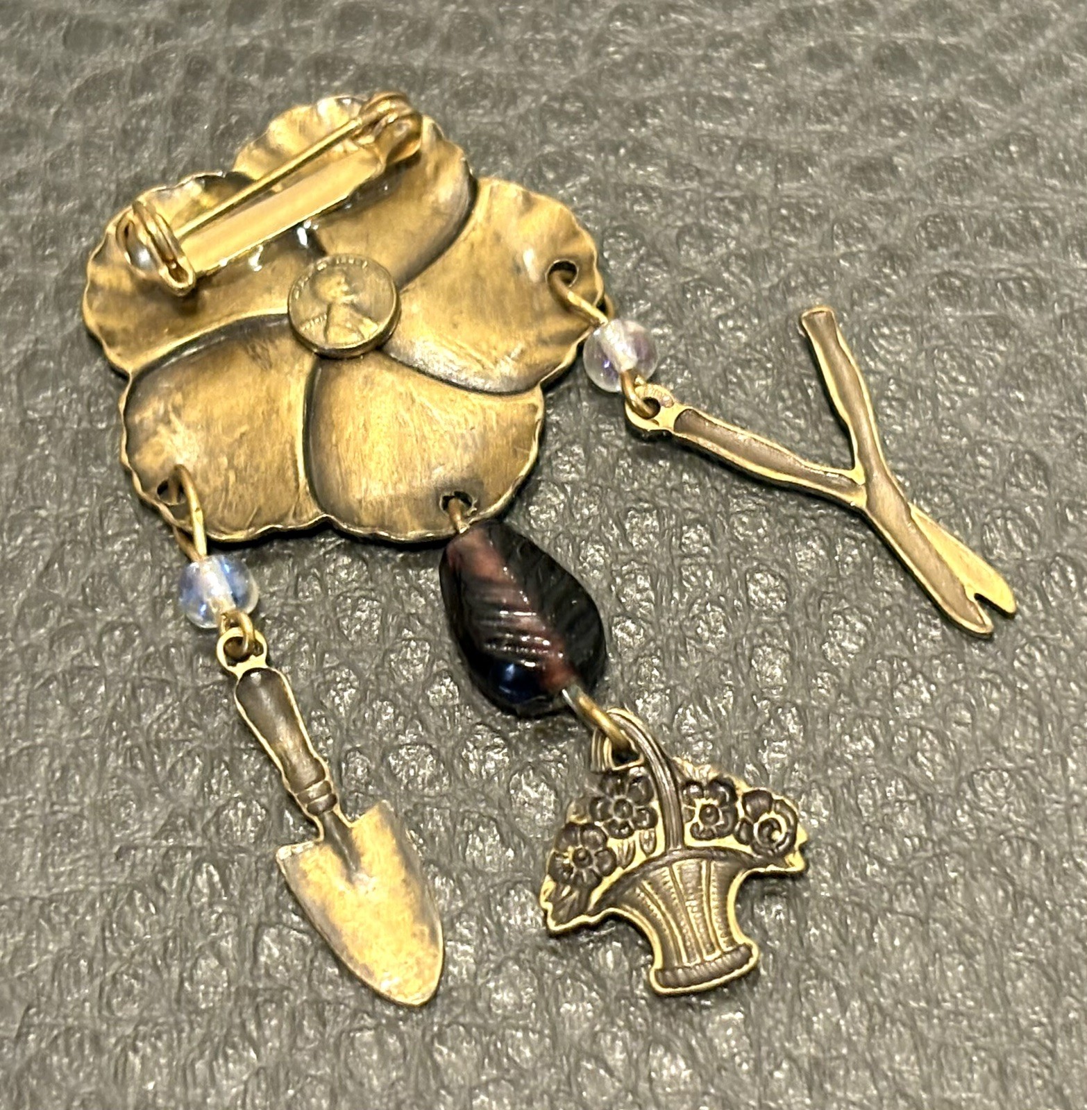 Vintage Pansy Brooch Garden Tools Dangle Flower Basket Gold Tone Rhinestones
