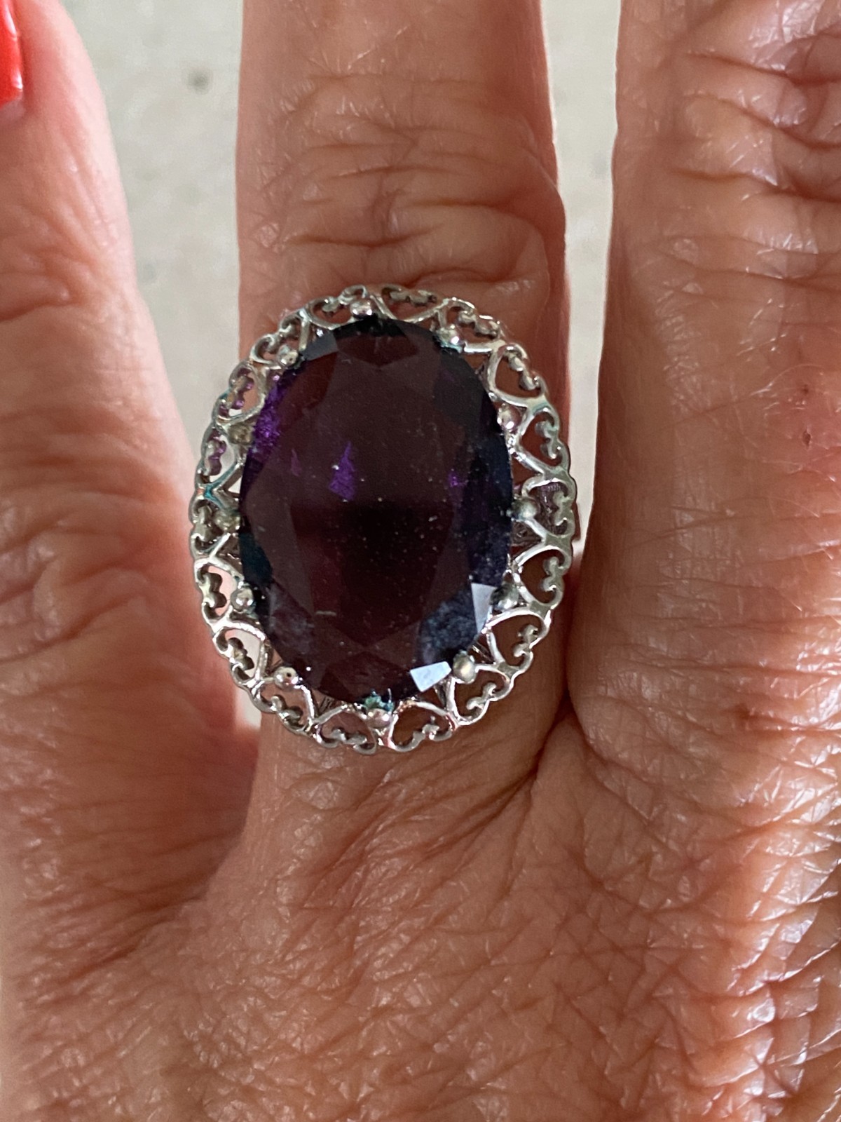 Vibrant Purple Statement Cocktail Ring Ornate Vintage Style Oval Faceted Size 6