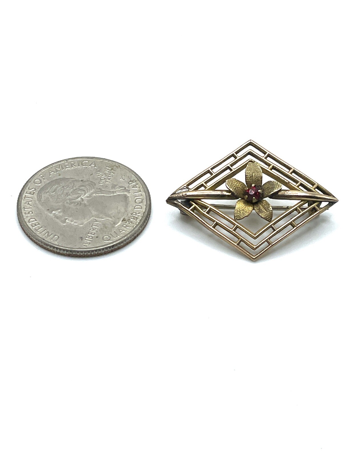 Antique Art Nouveau Brass Red Crystal Flower Openwork Brooch Pin