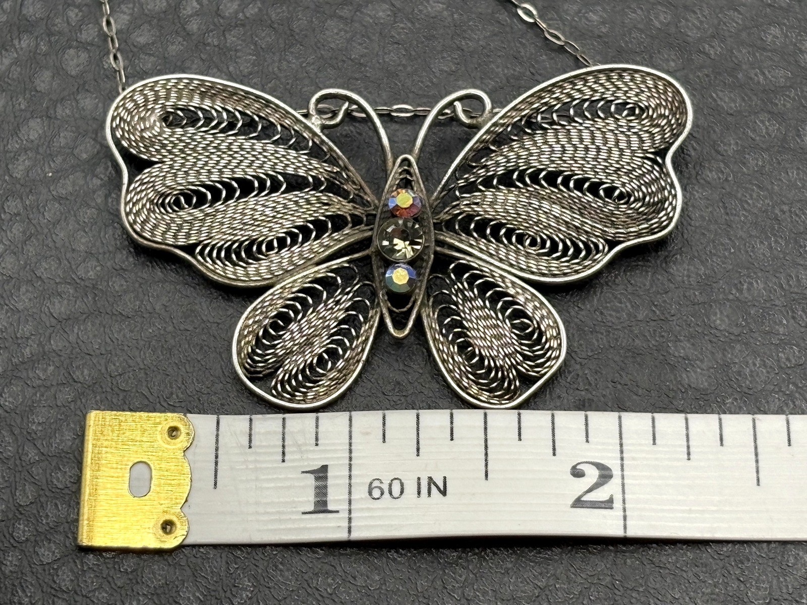 Sterling Silver Filigree Butterfly Pendant Necklace w/ Aurora Borealis