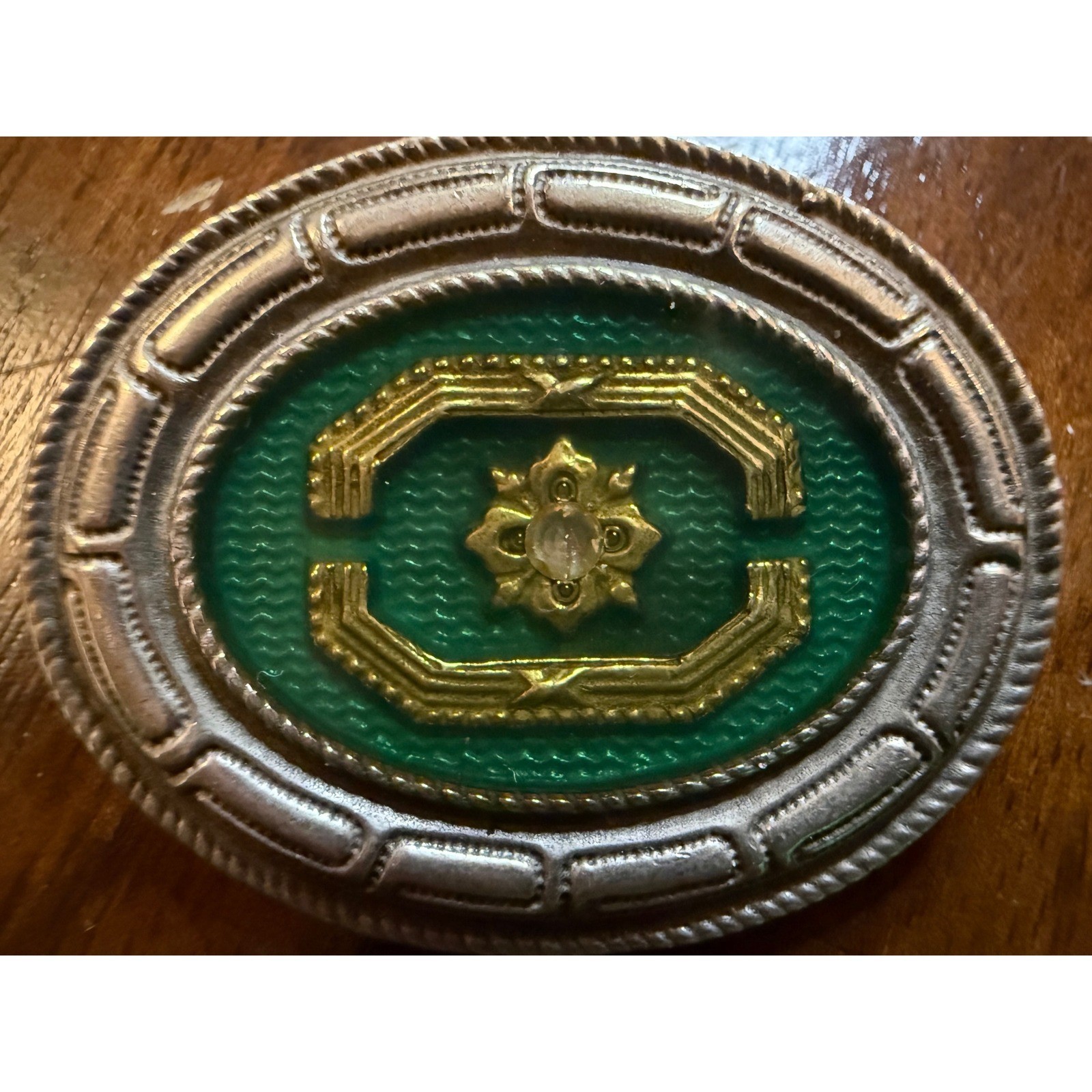 Vintage Green Enamel Brooch Silver Gold Tone Rhinestone Oval Pin