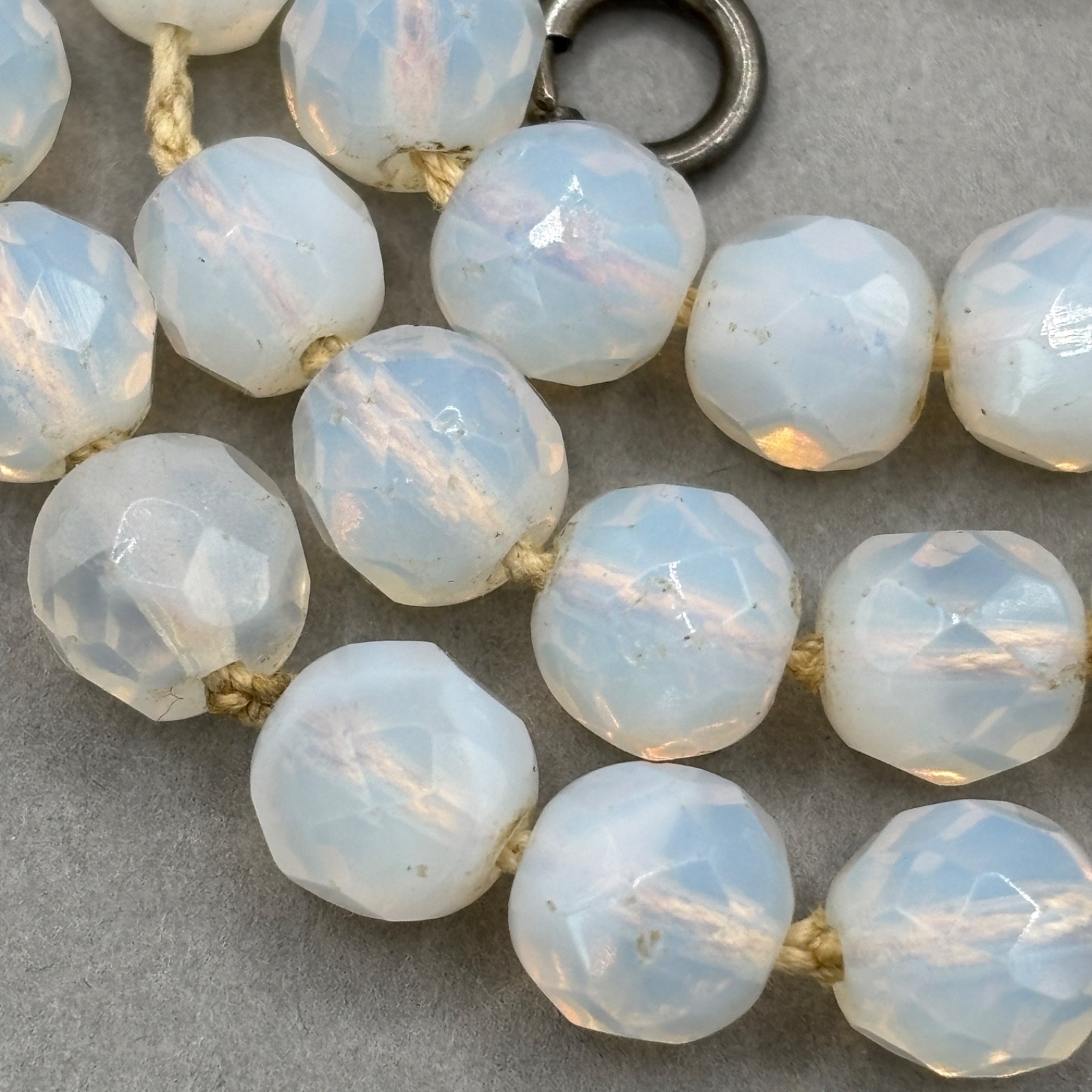 Vintage Opaline Opalite Beaded Necklace Faceted Art Glass Hand Knotted 18″