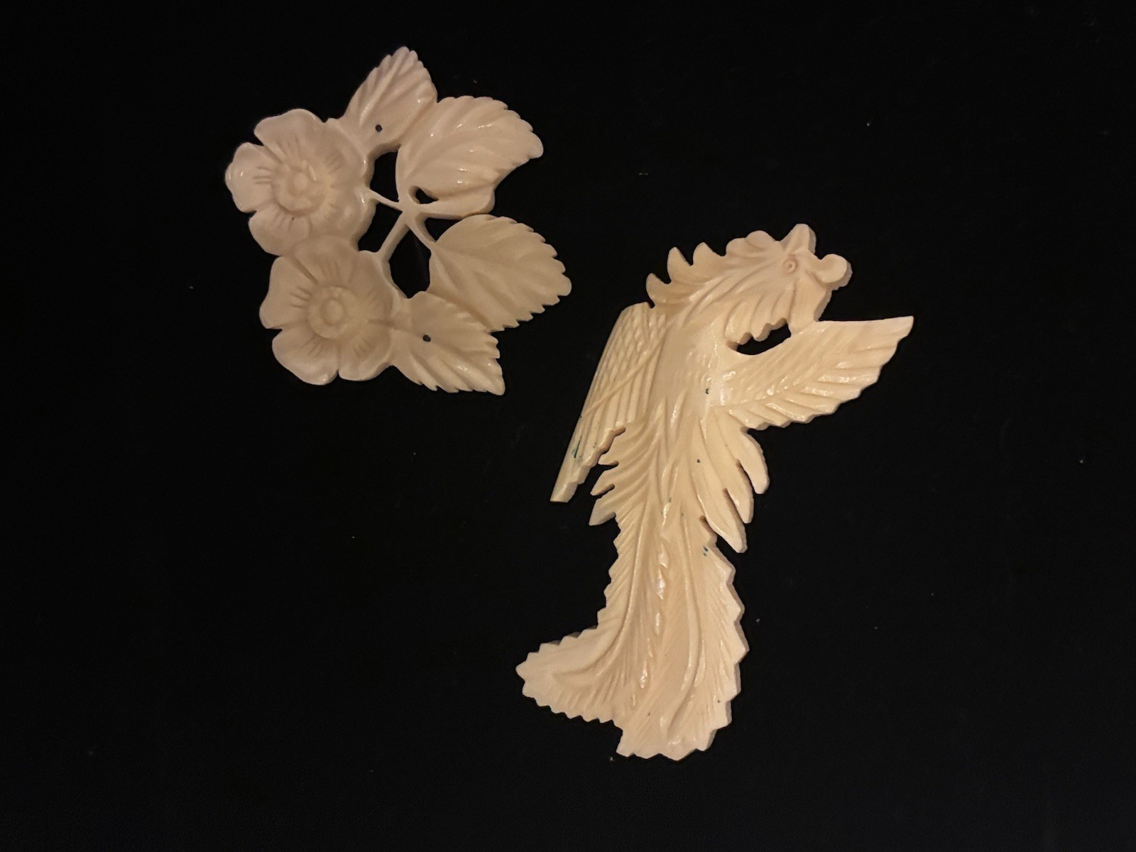 Antique Vintage Bone Brooch Chinese ? Japan? Carved Flower Bird