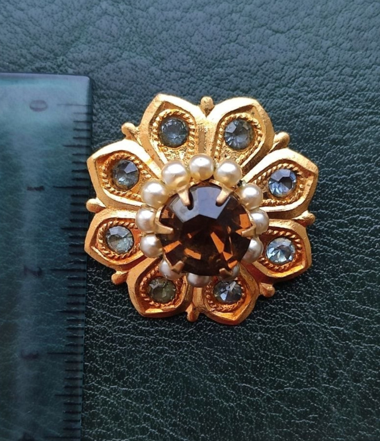 Vintage Brass Flower Brooch | Smoky Crystal & Pearl Pin | Excellent Condition
