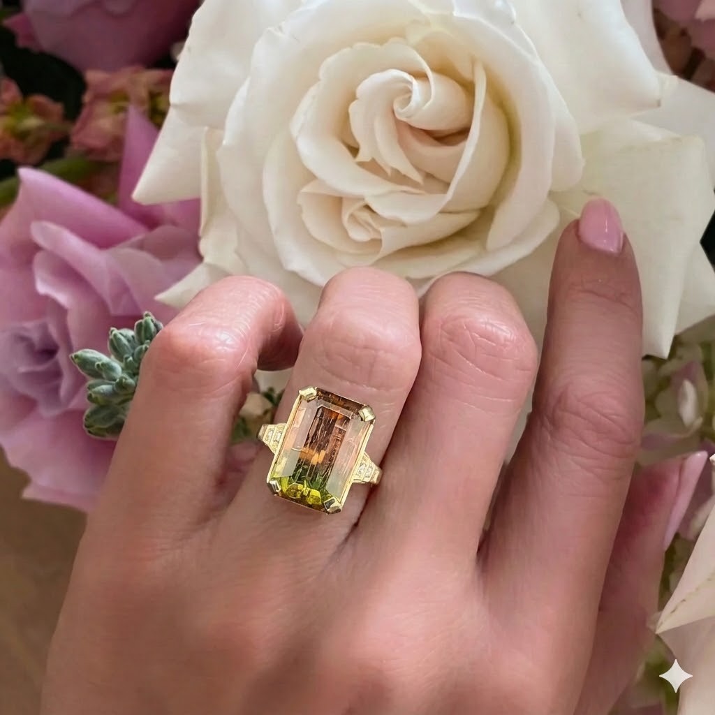 Vintage 14k Yellow Gold Engagement Ring 7.73CT. Natural Bio Tourmaline