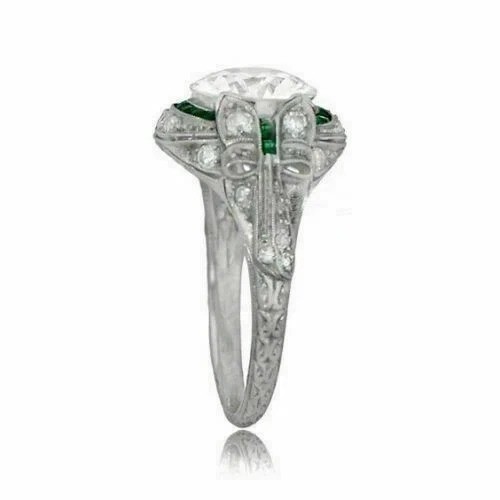 3Ct Art Deco Style Lab-Created Diamond & Emerald Wedding 14K White Gold FN Ring