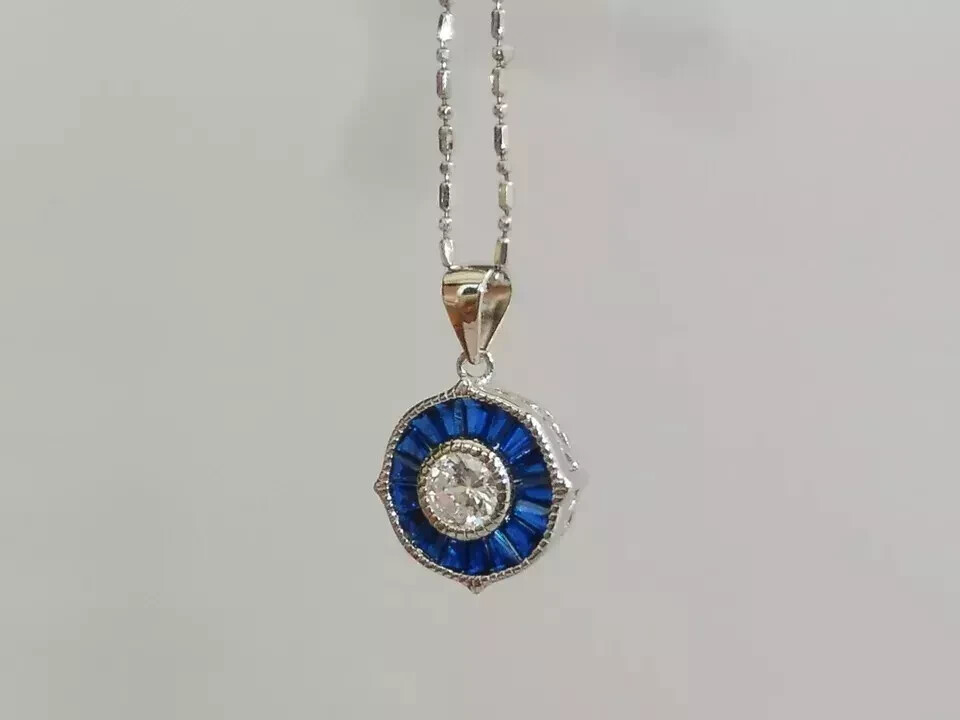 Art Deco Style Lab Created Diamond Sapphire Engagement 14K White Gold FN Pendant
