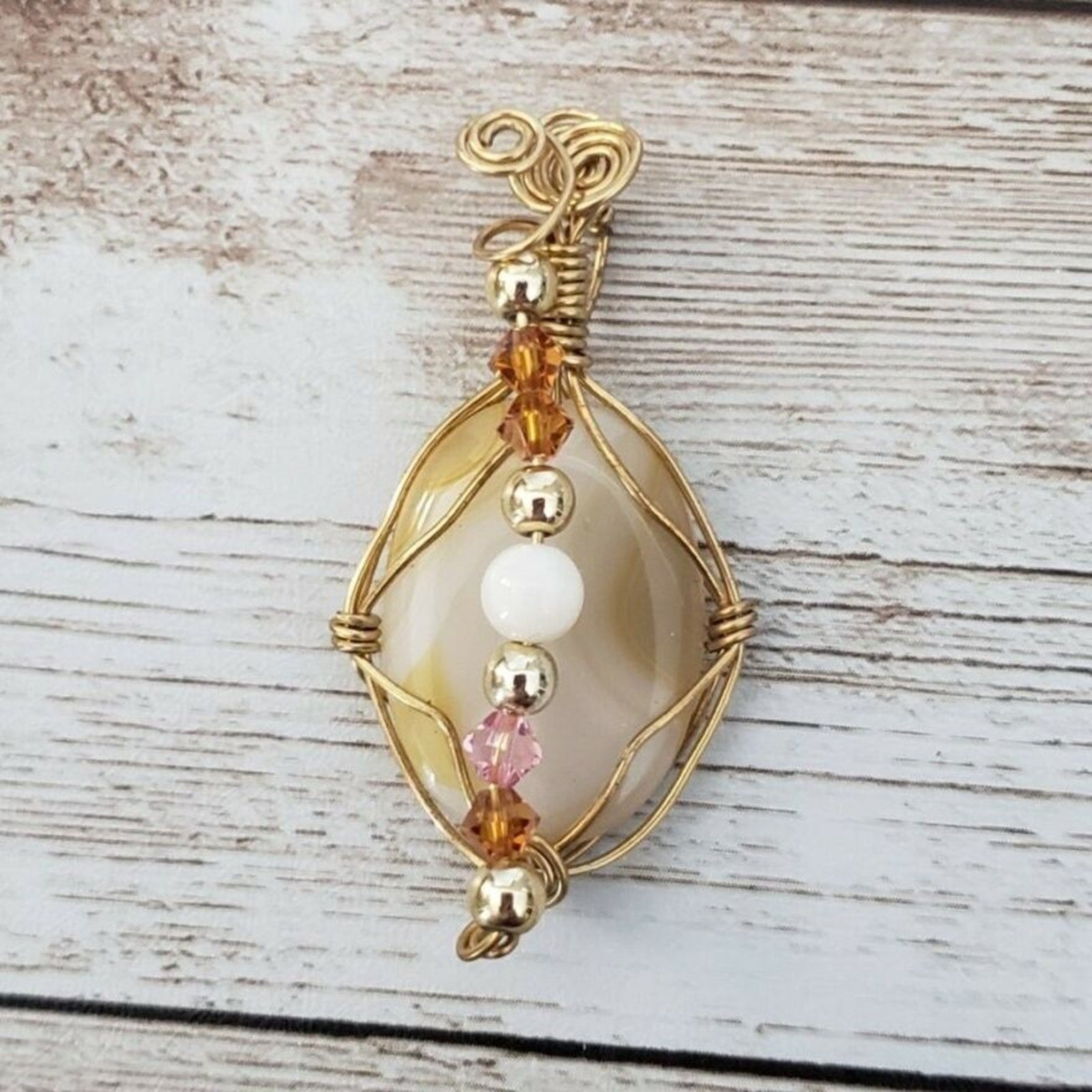 Vintage Pendant Unusual Gold Tone & Stone Twisted Design – No Chain Included