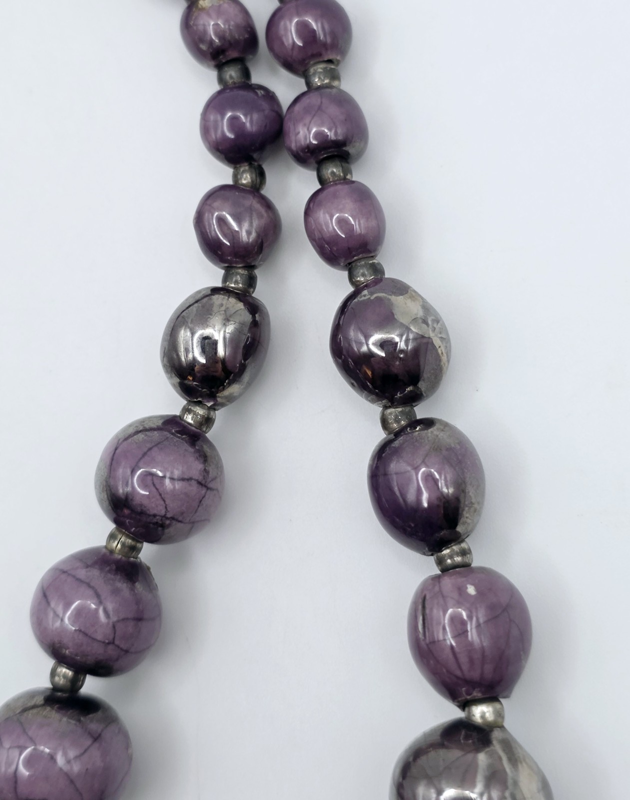 Vintage Sterling Silver Purple Ceramic Beaded Necklace 30″ Long Metallic