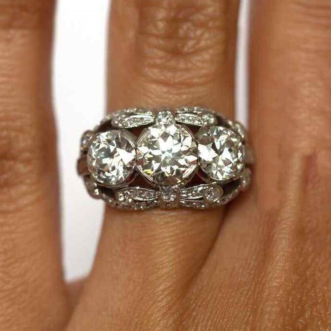 3.50CTW White Round Cut CZ Three Stone Art Deco Antique Wedding 925 Silver Ring