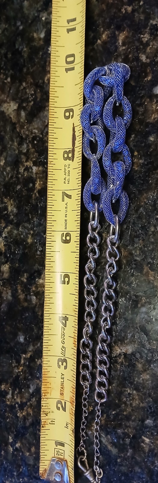 stainless necklace with blue thick chain wire on lower half