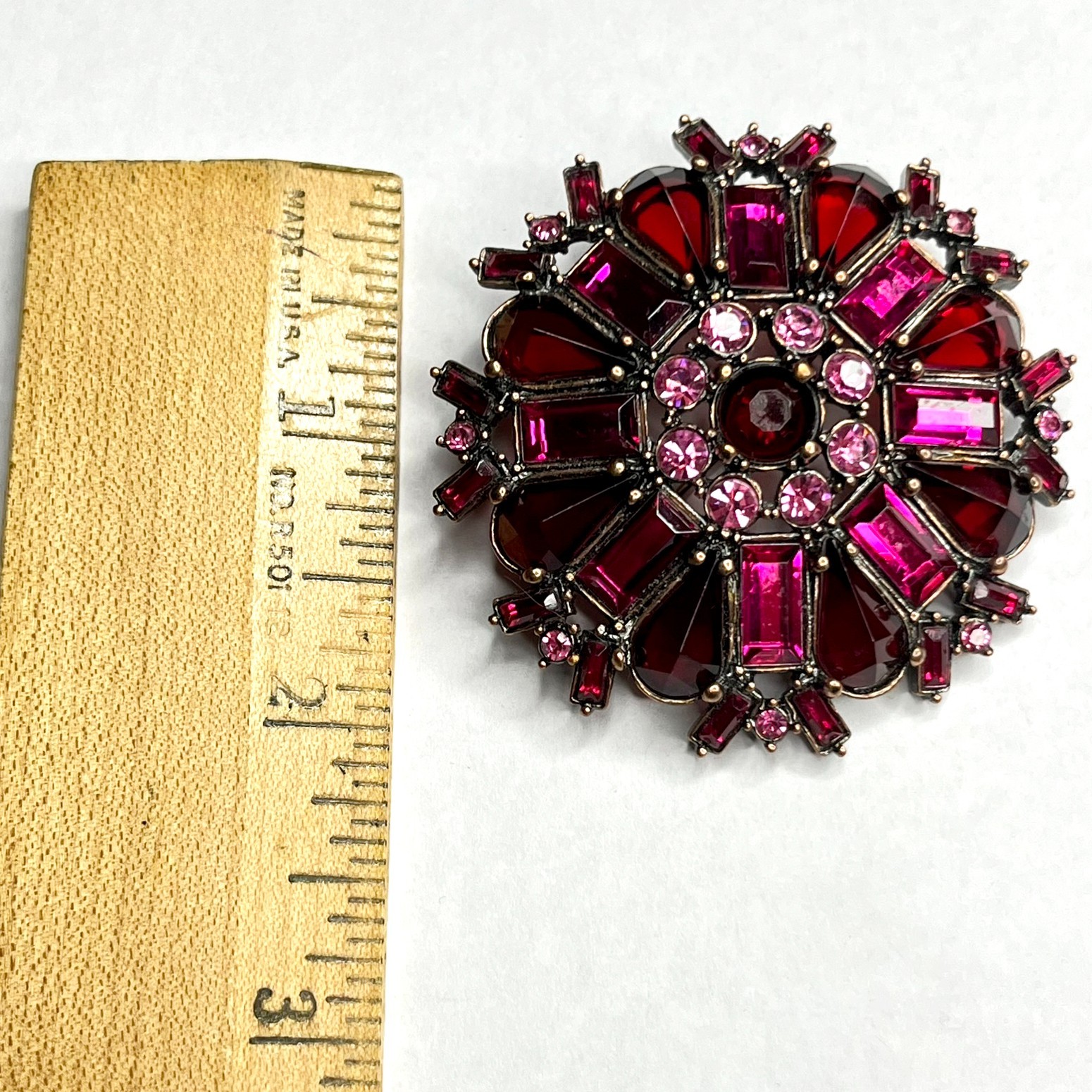 VTG Large Flower Snowflake Brooch Pin Red Fuchsia Pink Purple Glass Rhinestones