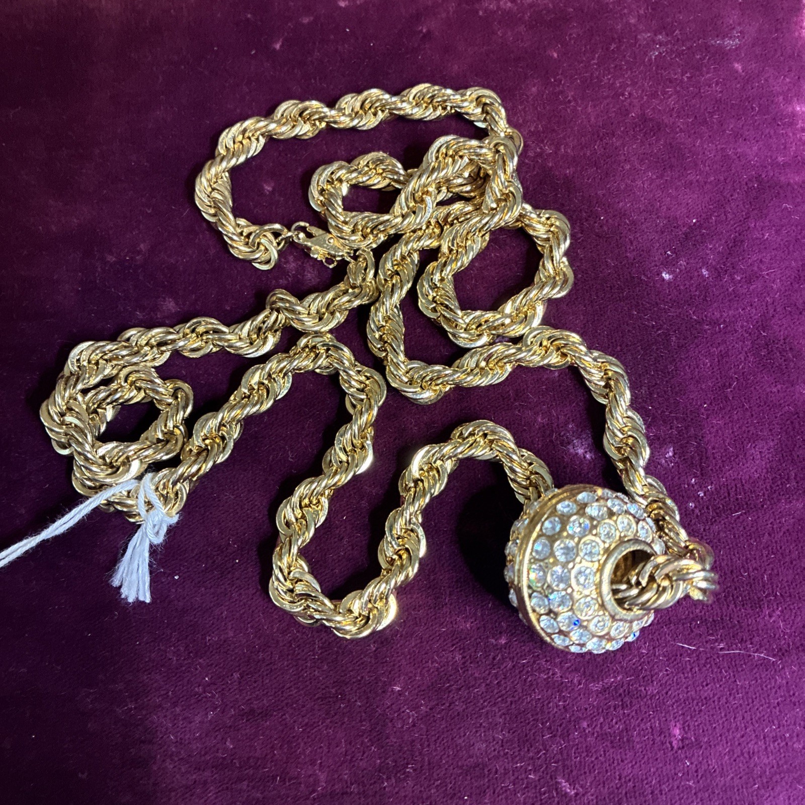 VTG Heavy 14K Gold Plated Rope Chain Crystal Pave Slide Ball Enhancer Necklace