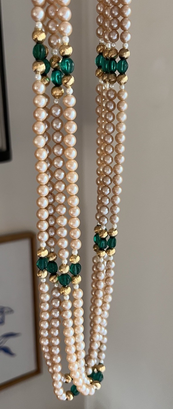 Vintage 4 Layered Ivory Pearl Green Glass Crystal Pave Clasp Beaded 24” Necklace