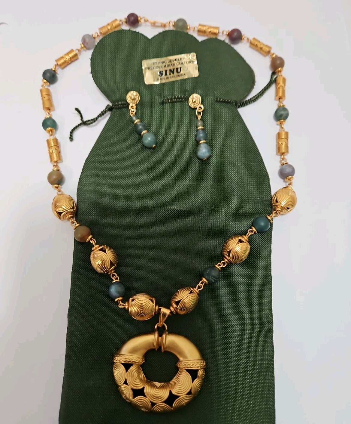 Gold Plated 24k PreColumbian Inca Pendant Necklace & Drop Earrings Set Faux Jade