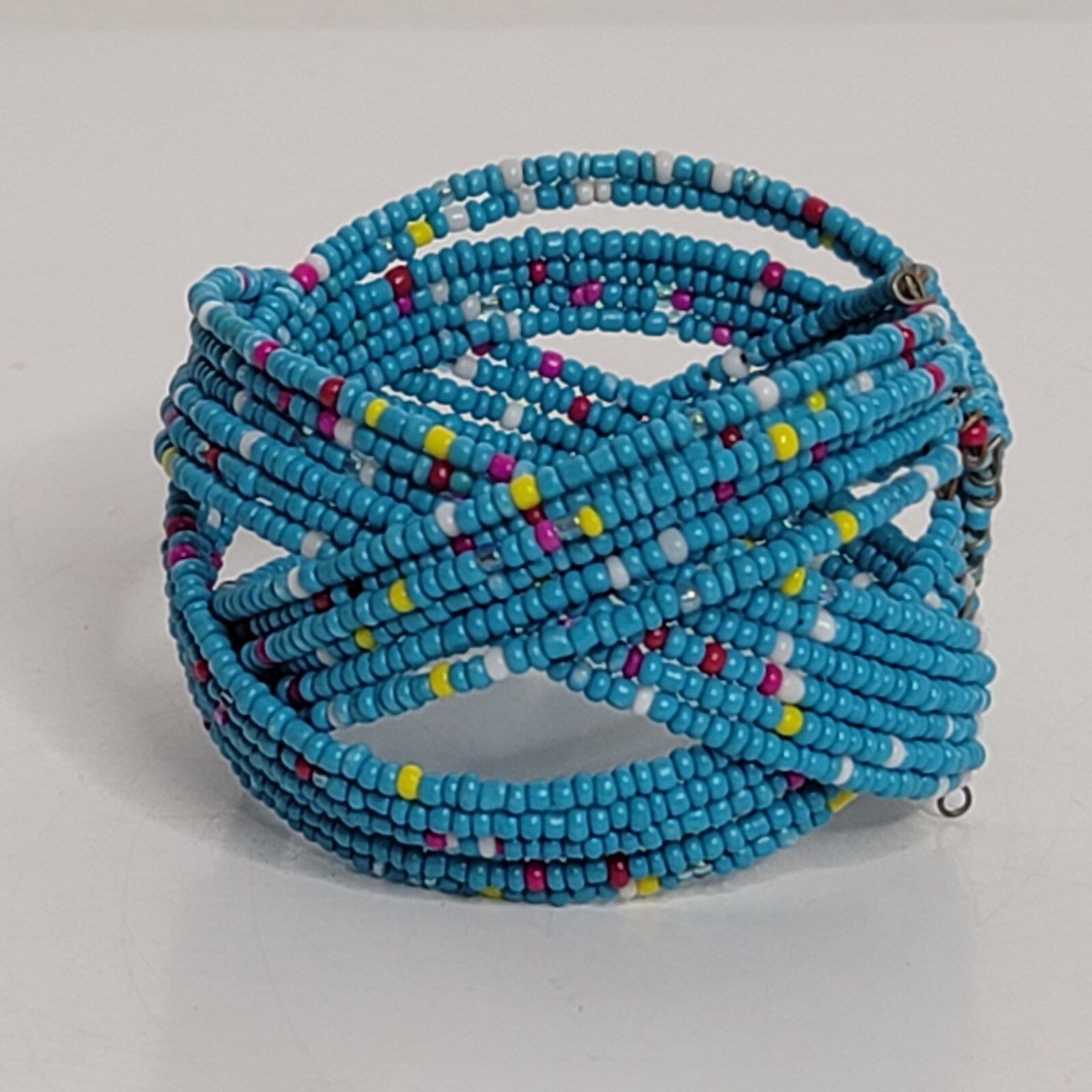 Wide Seed Bead Wrap Bracelet Open Cuff Blue Cultural Southwestern