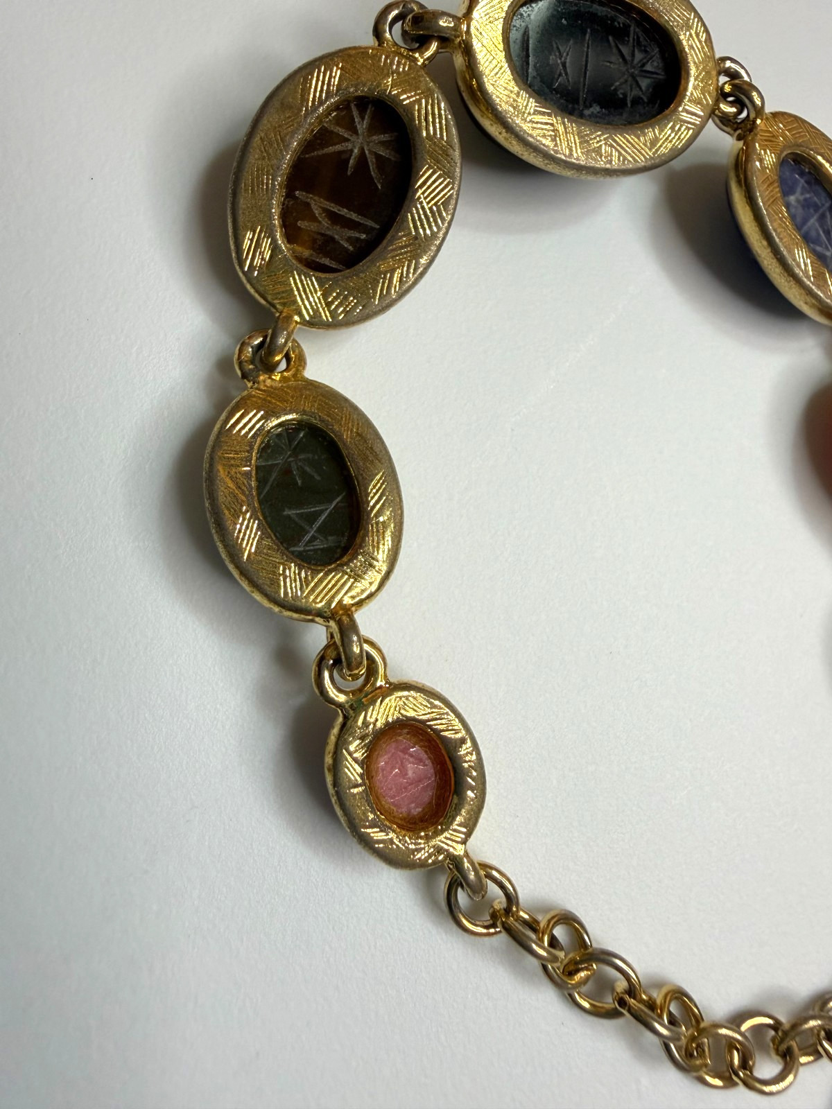 Vintage Multi Gemstone Egyptian Revival Scarab Link Bracelet Mid-Century Rainbow