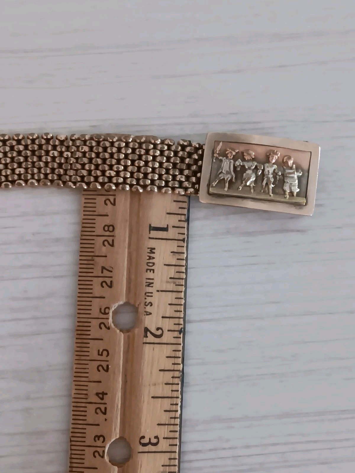 Antique *Damaged* Brass Mesh Link Bracelet Rectangle Clasp People Scene 7″