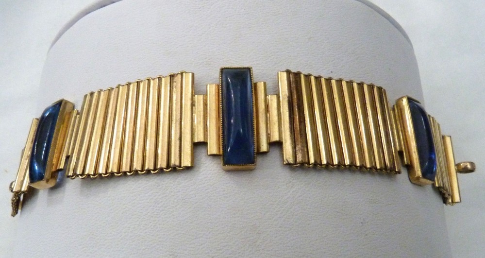 VTG KOLLMAR & JOURDAN ROLLED GOLD ART DECO LINKS SAPPHIRE BLUE GLASS BRACELET