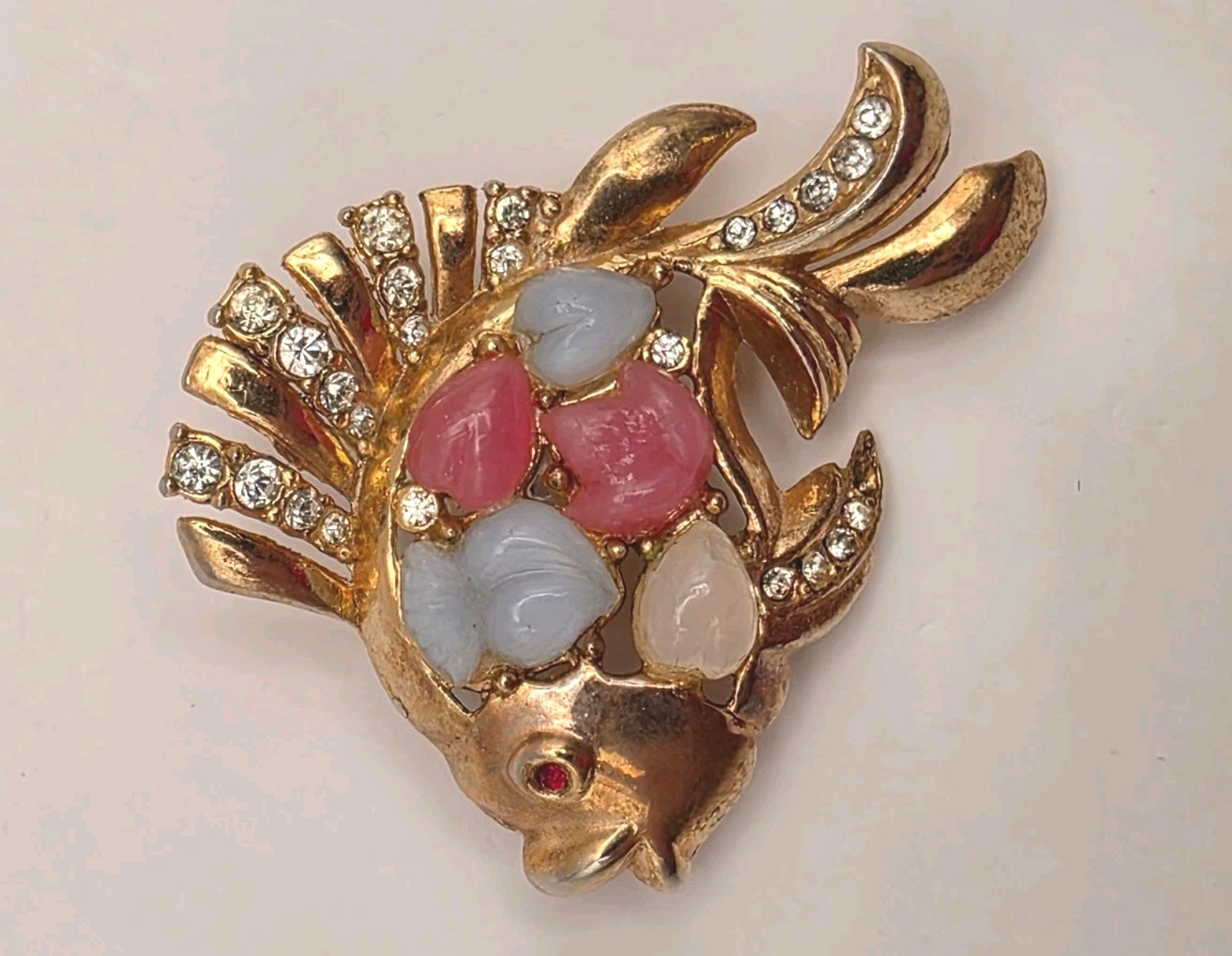 Vintage Pink, White, Blue Pressed Glass W/Crystals Tutti Frutti Fish Brooch