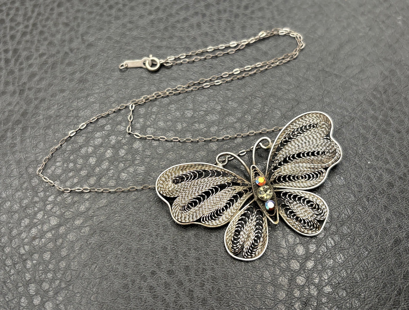 Sterling Silver Filigree Butterfly Pendant Necklace w/ Aurora Borealis
