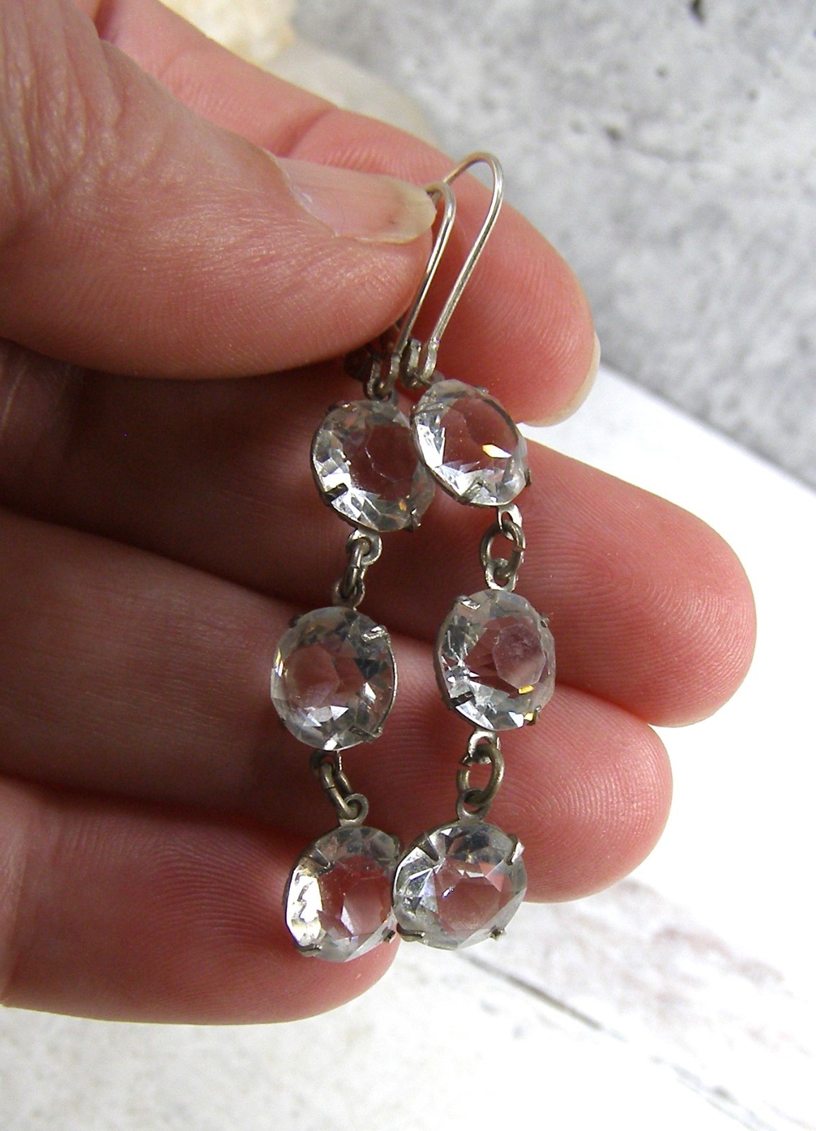 Vintage Sterling Silver Open Back Bezel Clear Crystal Dangle Linear Earrings
